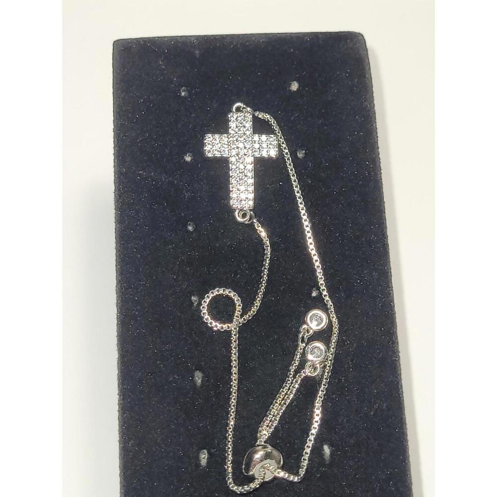 Silvertone Chainlink Cross Bracelet Rhinestone Encrusted Adjustable Religious